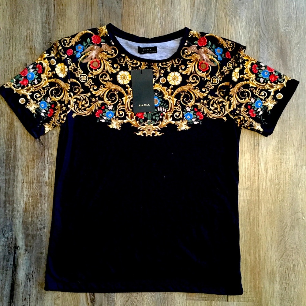 Men’s Zara Royal Style Black T-Shirt Size Small Brand New With Tags